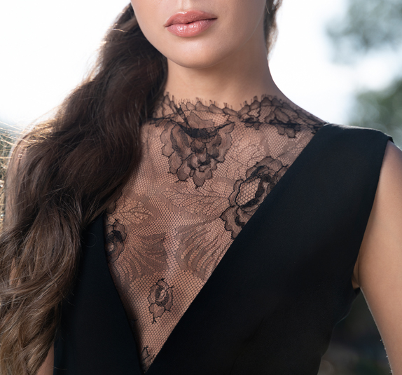 Tubino in seta con applicazione pizzo ombra-Silk sheath dress with shadow lace application